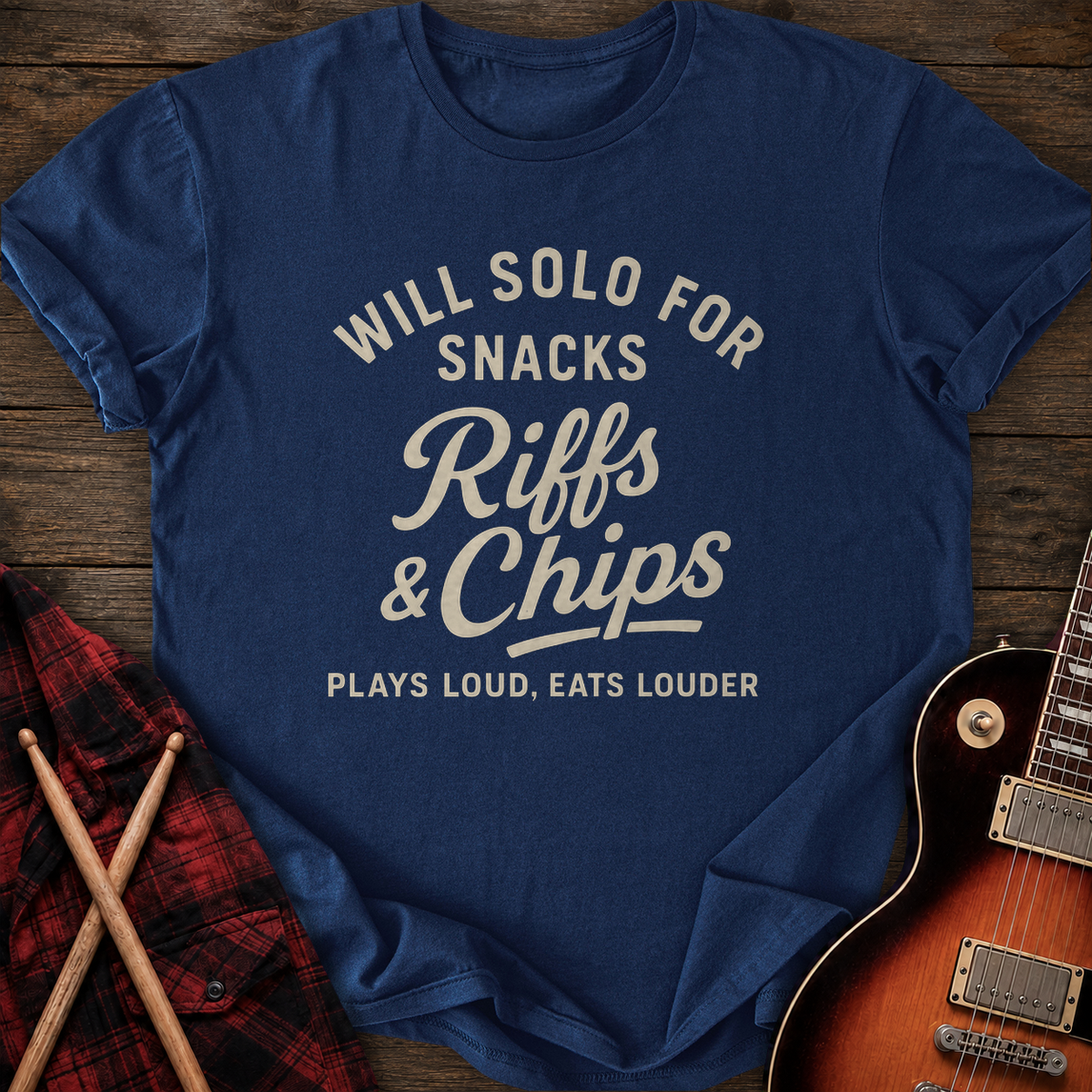 SOUNDOSE Riffs N Chips T-Shirt — Navy t-shirt