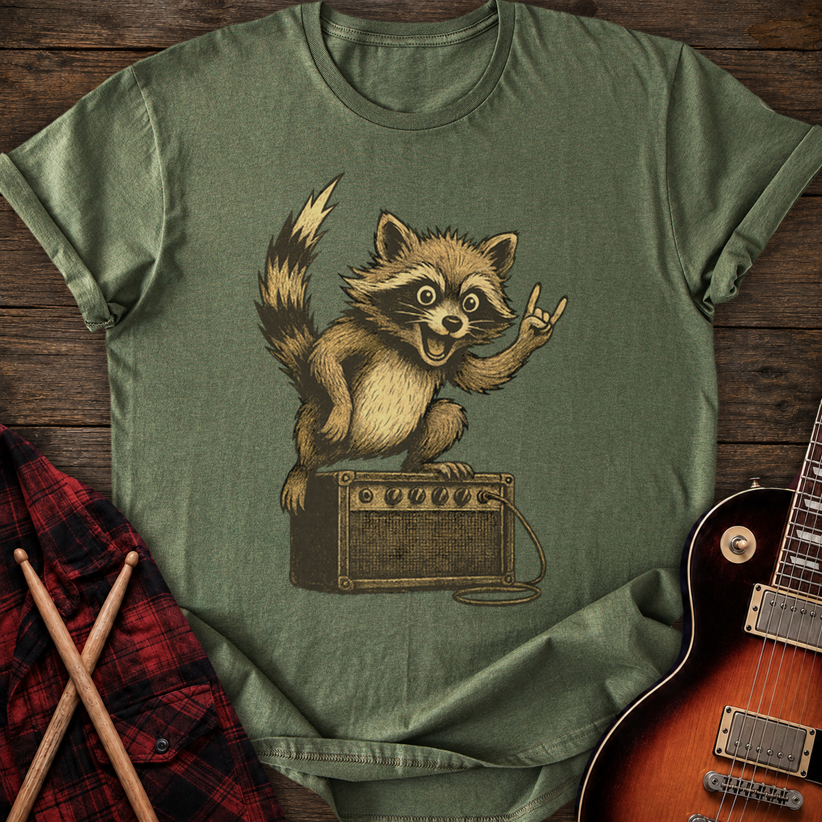 SOUNDOSE Rocker Raccoon T-Shirt — Military Green t-shirt