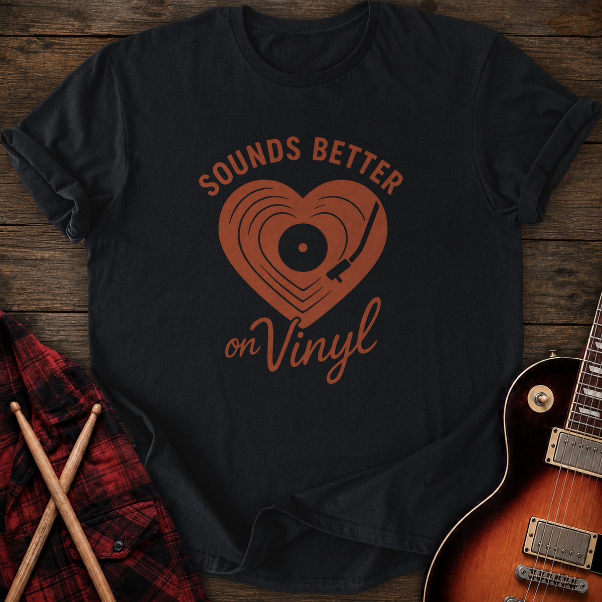SOUNDOSE Vinyl Heart T-Shirt — Black t-shirt