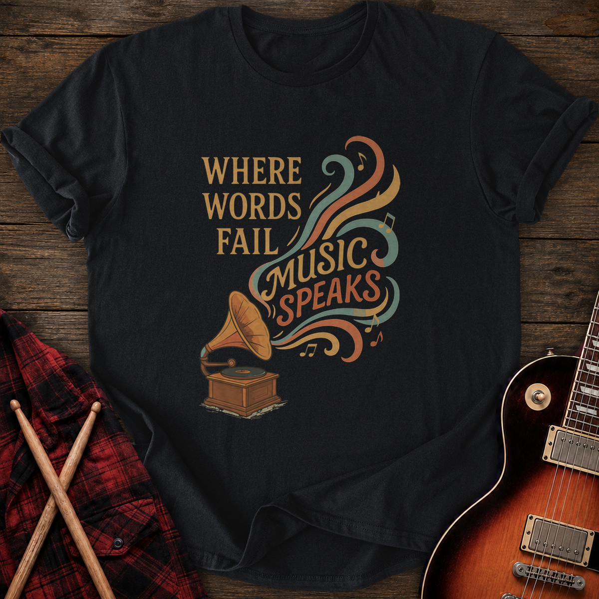 SOUNDOSE Words Music T-Shirt — Black t-shirt