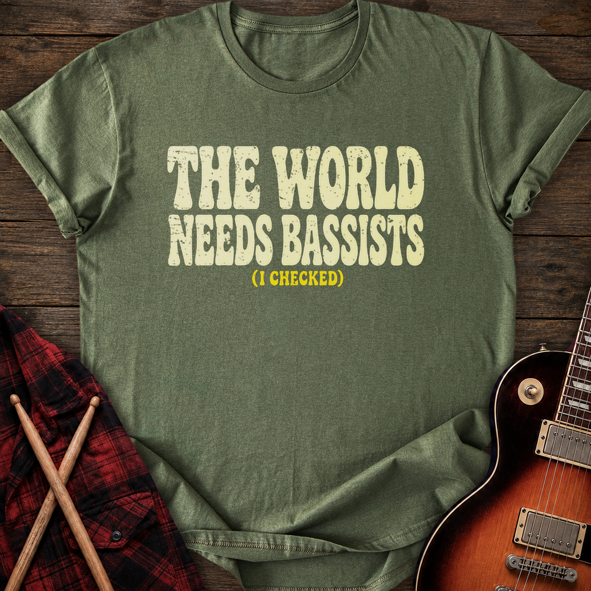 SOUNDOSE World Needs Bassists T-Shirt — Military Green t-shirt