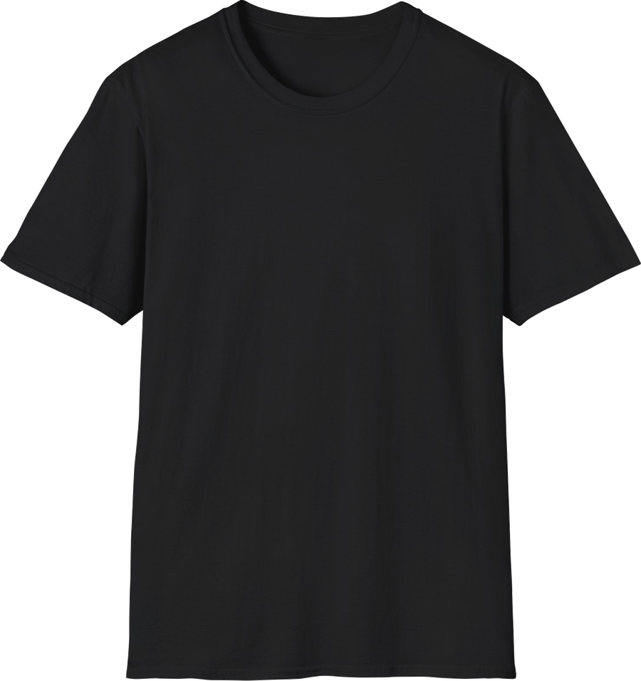 Black t-shirt laid flat, with the width and length measurements marked